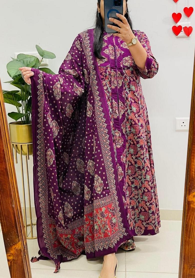 Purple Printed Cotton Kurta Sets - Indya