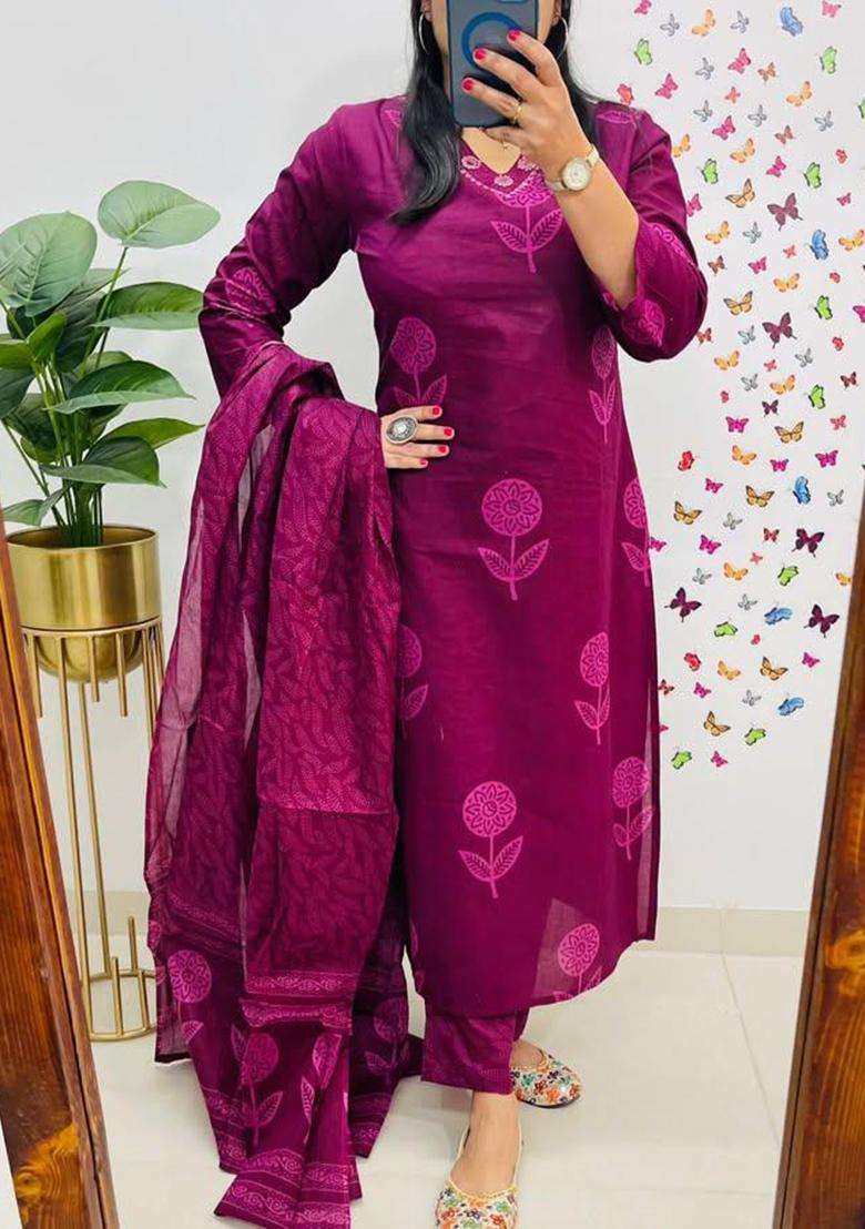 Purple Printed Cotton Kurta Sets - Indya