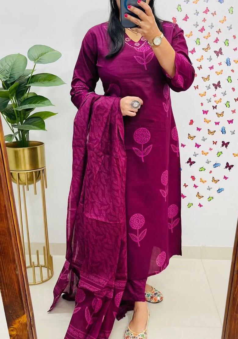 Purple Printed Cotton Kurta Sets - Indya