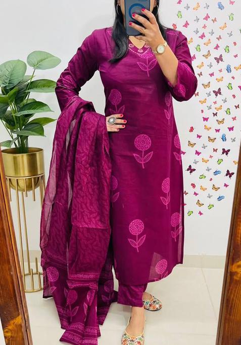 Purple Printed Cotton Kurta Sets