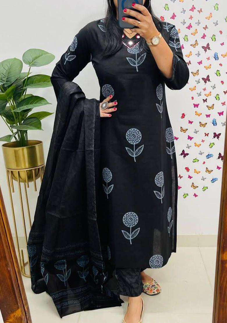 Black Printed Cotton Kurta Sets - Indya