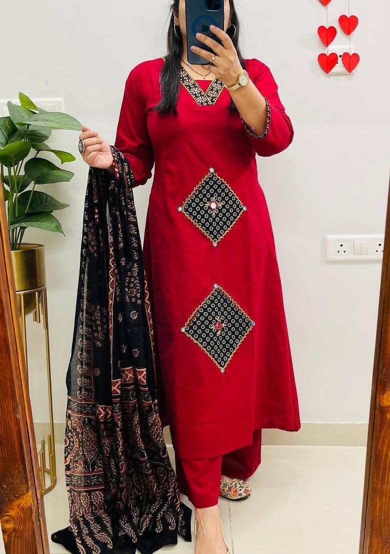 Red Printed Cotton Kurta Sets - Indya