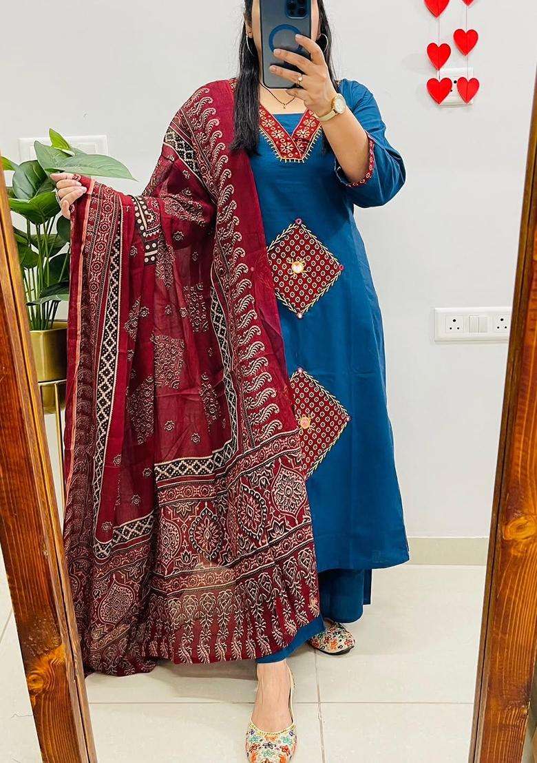 Blue Printed Cotton Kurta Sets - Indya