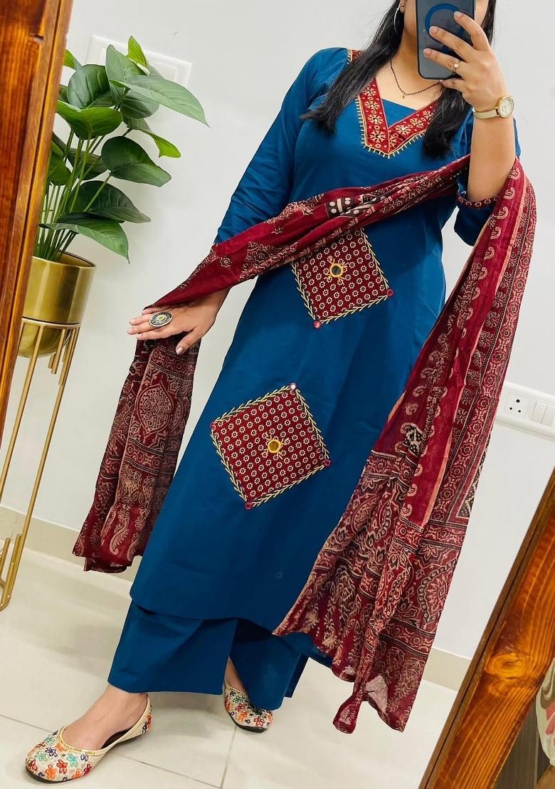 Blue Printed Cotton Kurta Sets - Indya