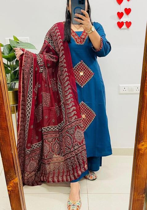 Blue Printed Cotton Kurta Sets