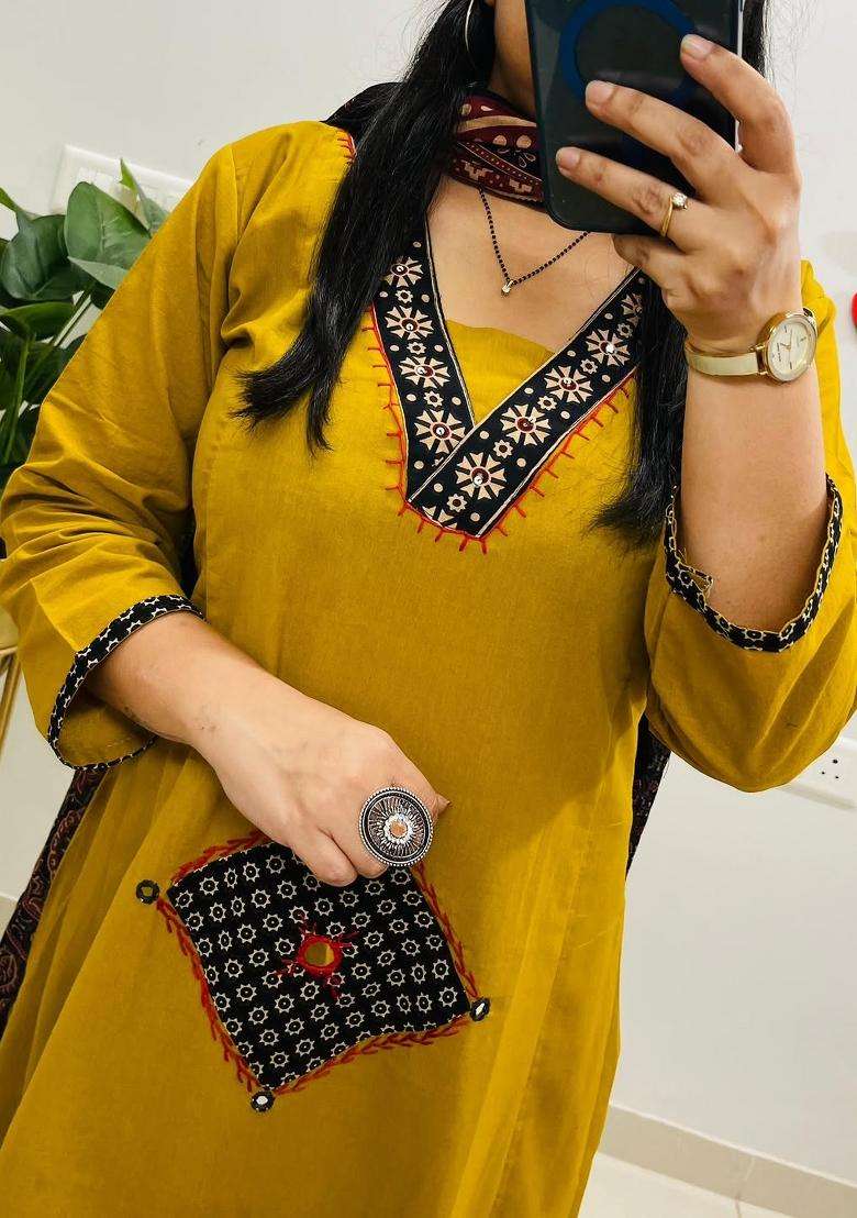 Light Yellow Printed Cotton Kurta Sets - Indya