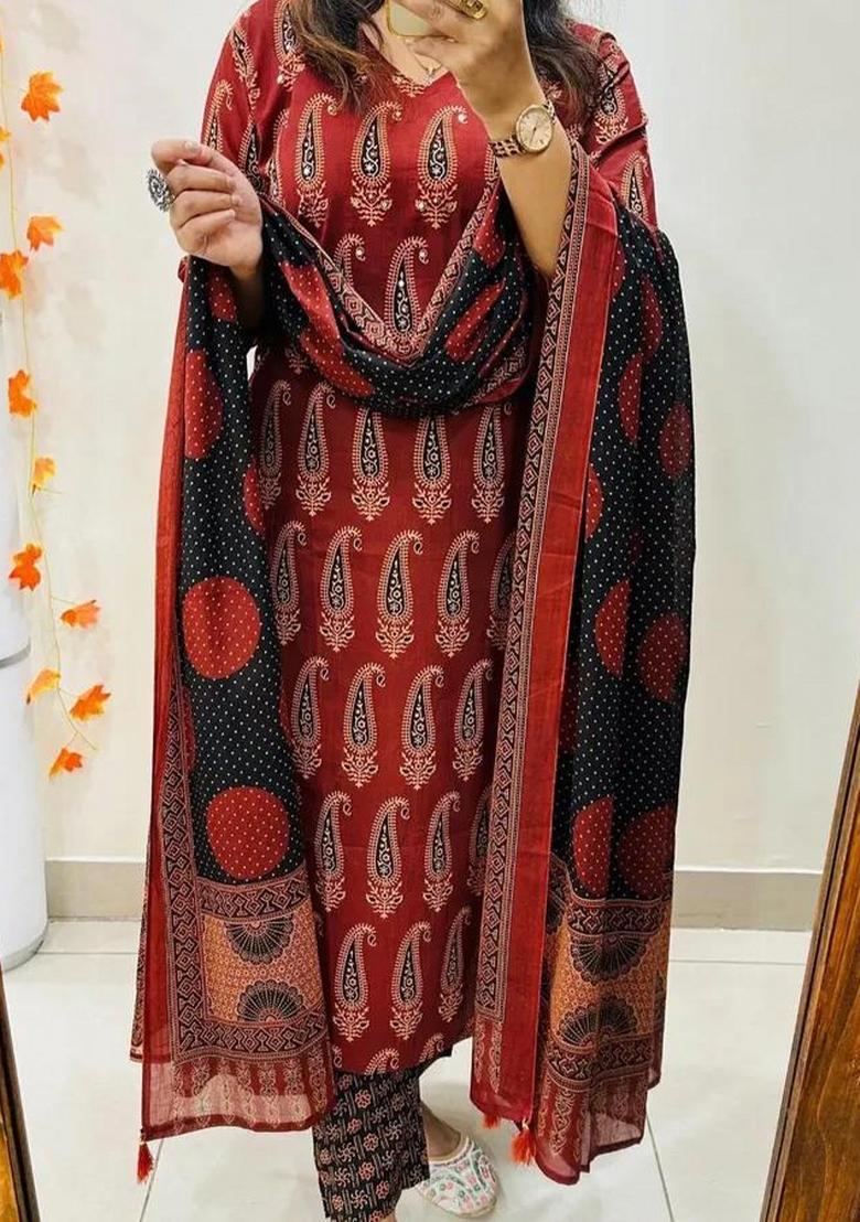 Red Printed Cotton Kurta Sets - Indya