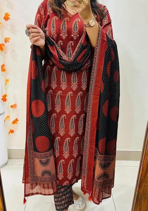 Red Printed Cotton Kurta Sets