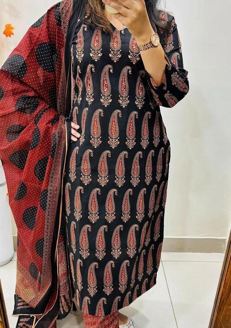 Black Printed Cotton Kurta Sets - Indya