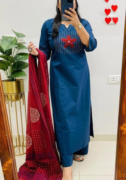 Blue Printed Cotton Kurta Sets