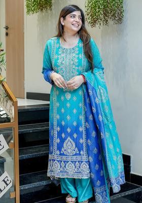 Blue Embroidery Cotton Kurta Sets