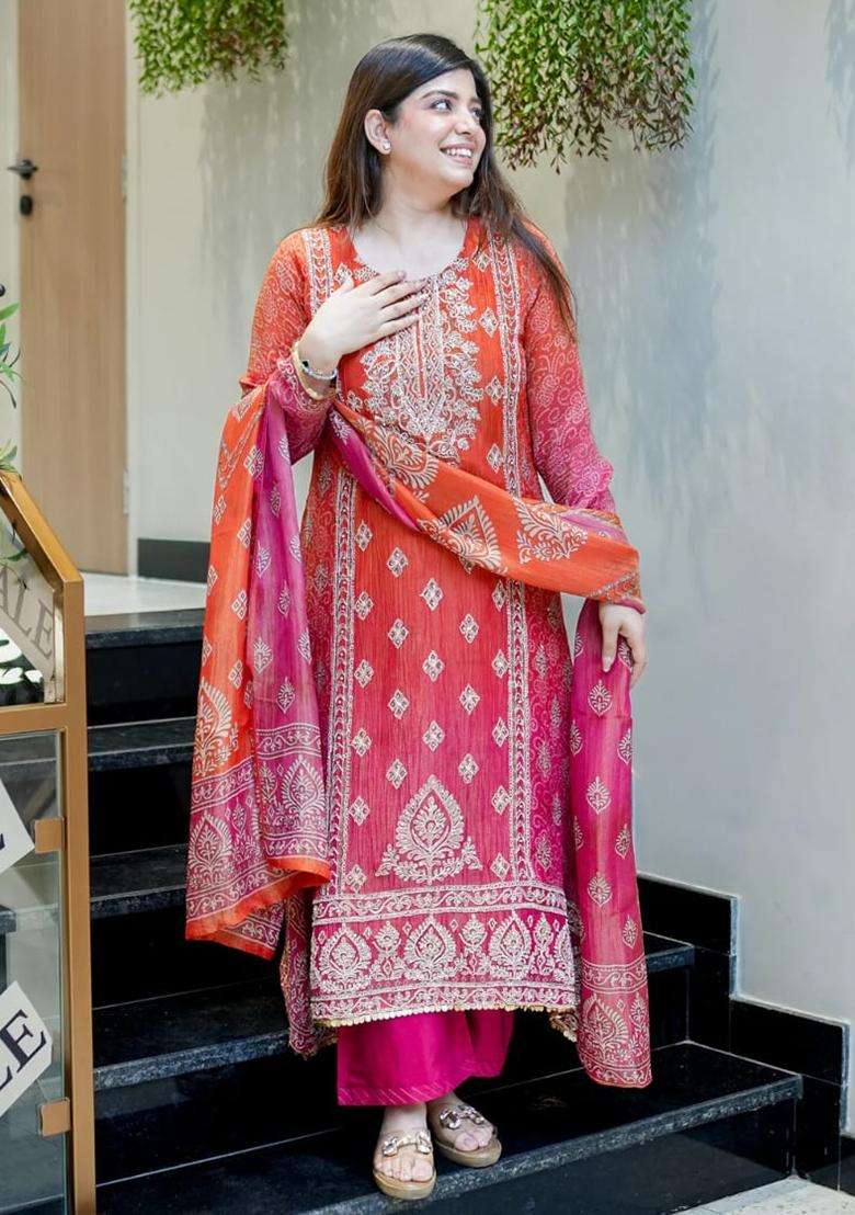 Orange Embroidery Cotton Kurta Sets - Indya