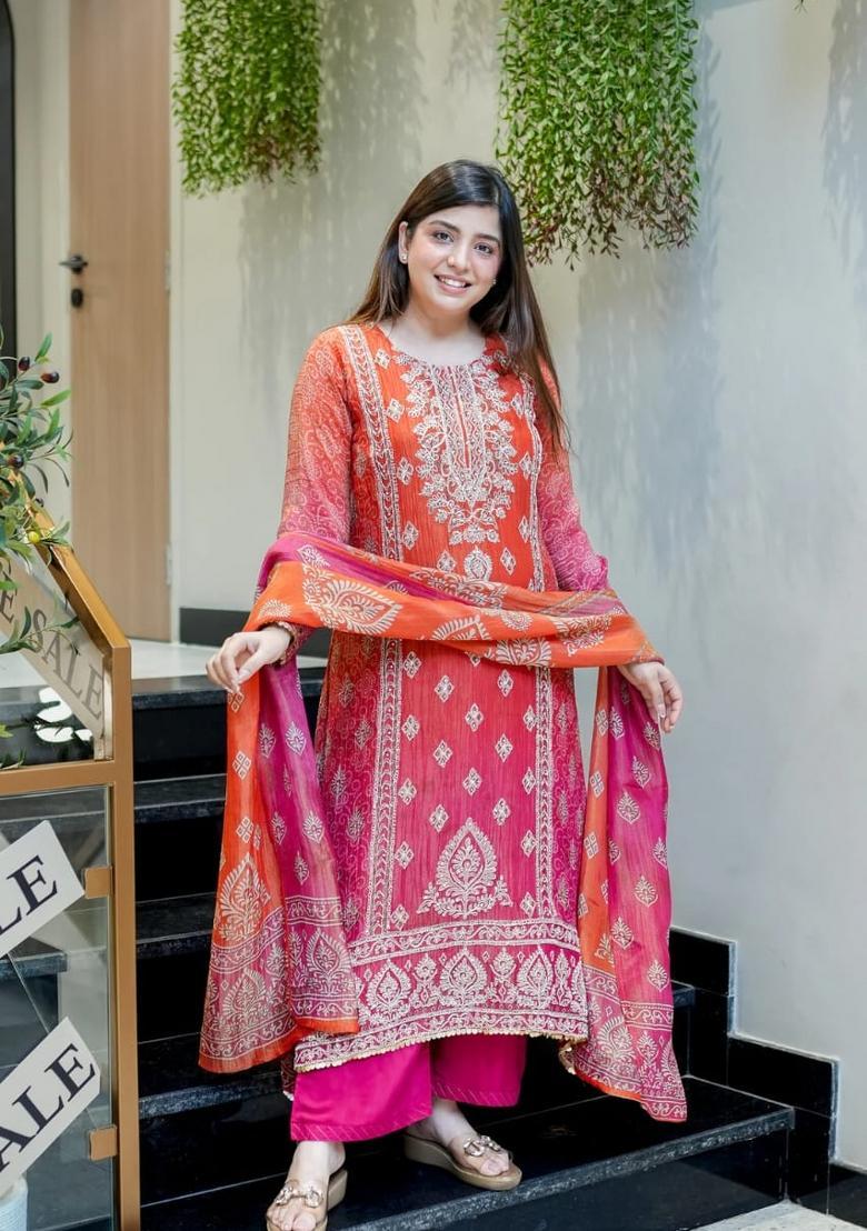 Orange Embroidery Cotton Kurta Sets - Indya