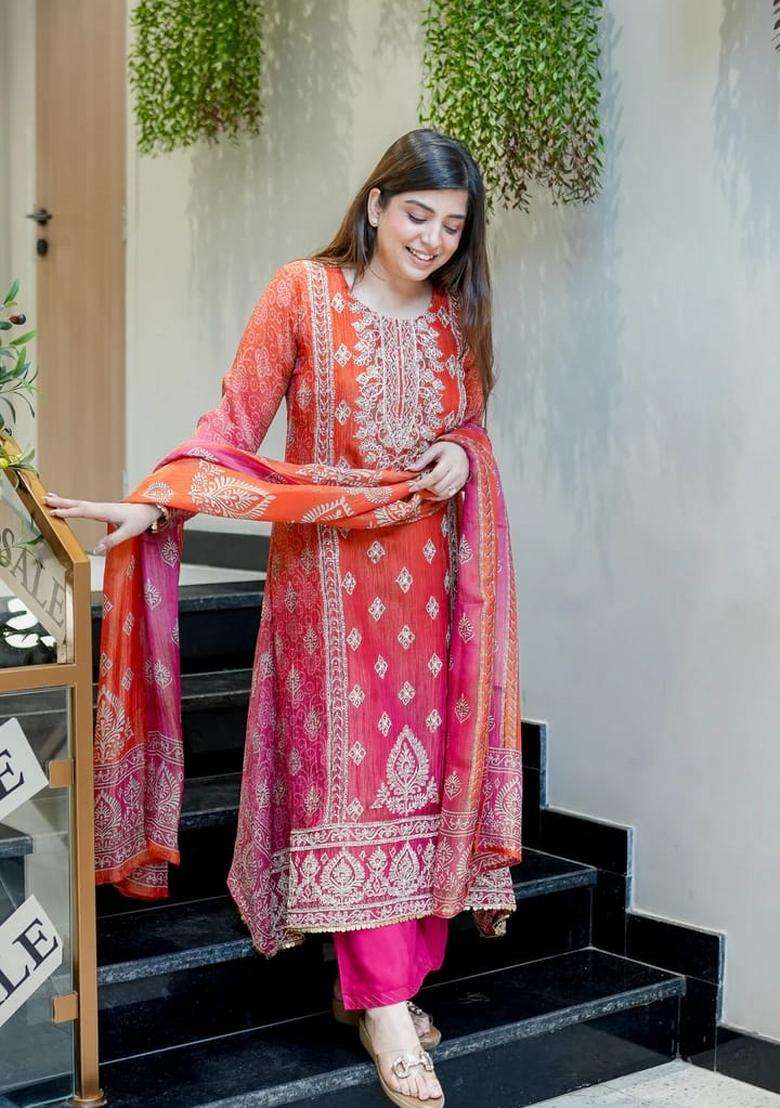 Orange Embroidery Cotton Kurta Sets - Indya