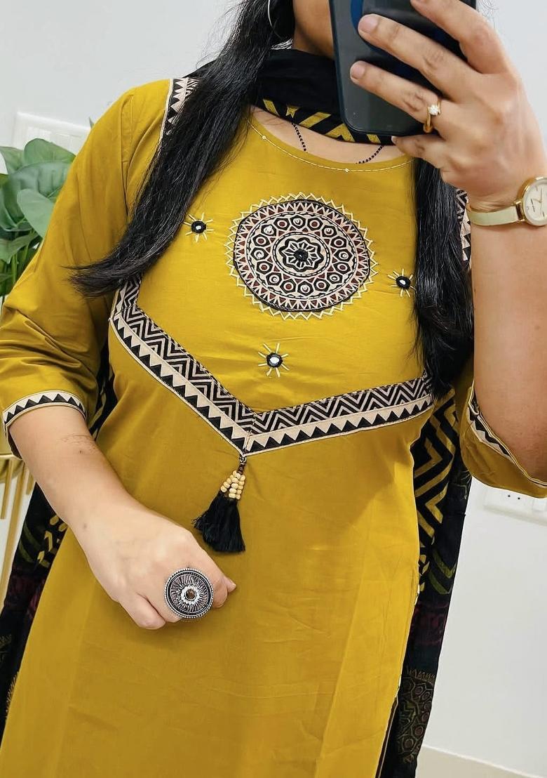 Yellow Embroidery Cotton Kurta Sets - Indya