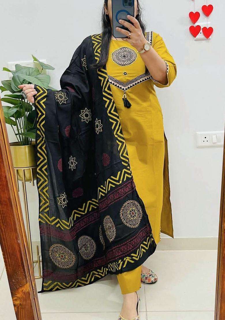 Yellow Embroidery Cotton Kurta Sets - Indya