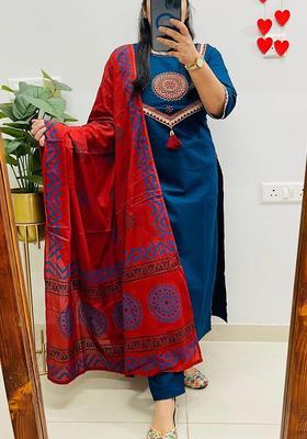 Blue Embroidery Cotton Kurta Sets