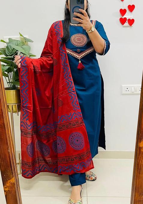 Blue Embroidery Cotton Kurta Sets