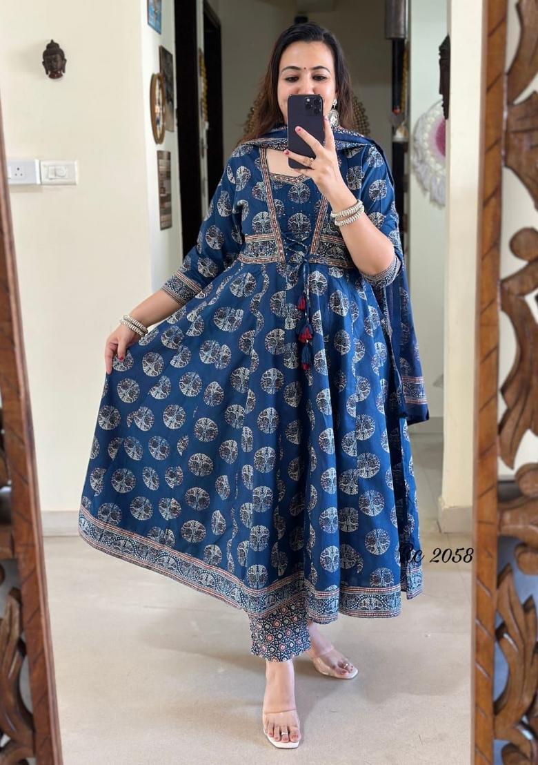 Blue Printed Cotton Kurta Sets - Indya