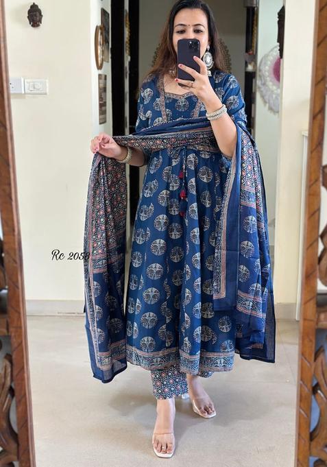 Blue Printed Cotton Kurta Sets