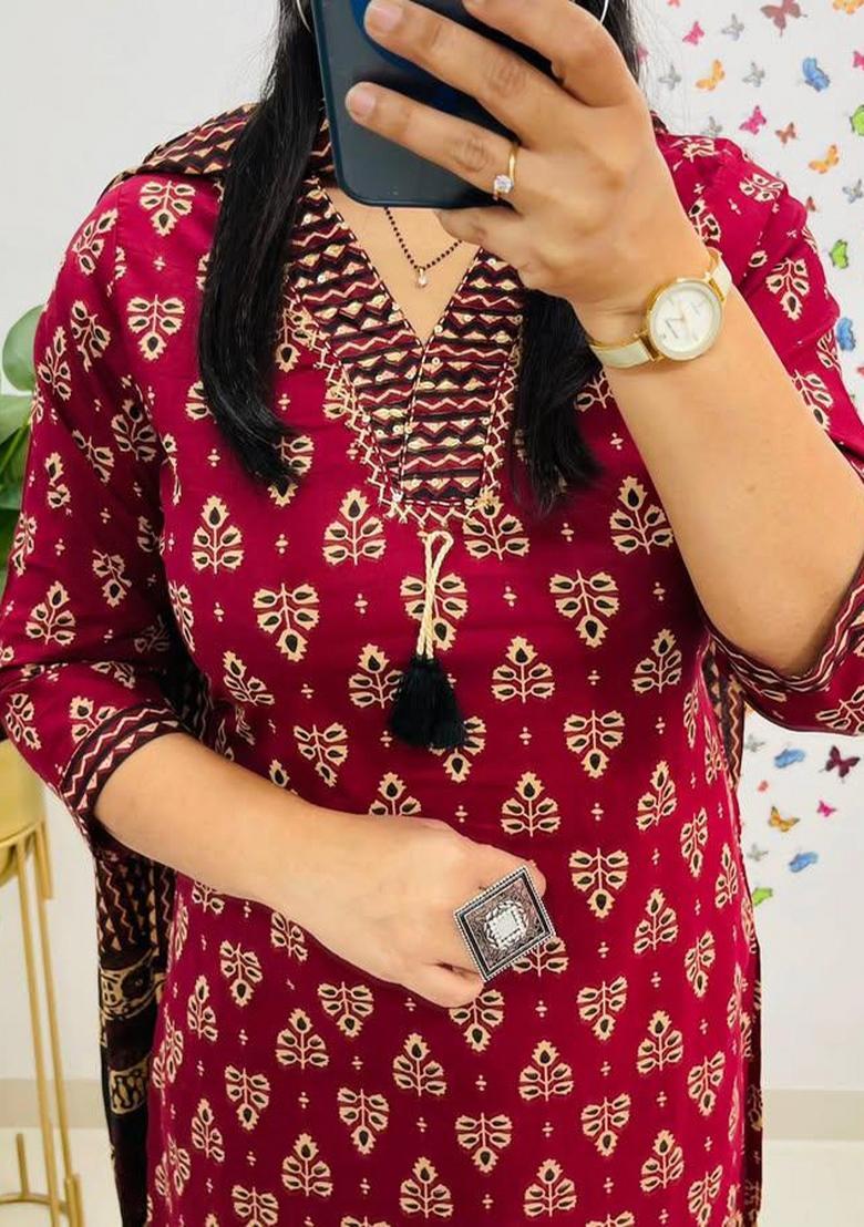Red Printed Cotton Kurta Sets - Indya
