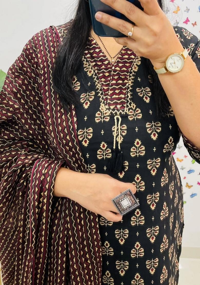 Black Printed Cotton Kurta Sets - Indya