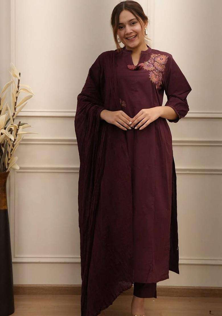 Maroon Embroidery Cotton Kurta Sets - Indya