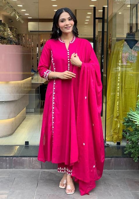 Pink Embroidery Cotton Kurta Sets