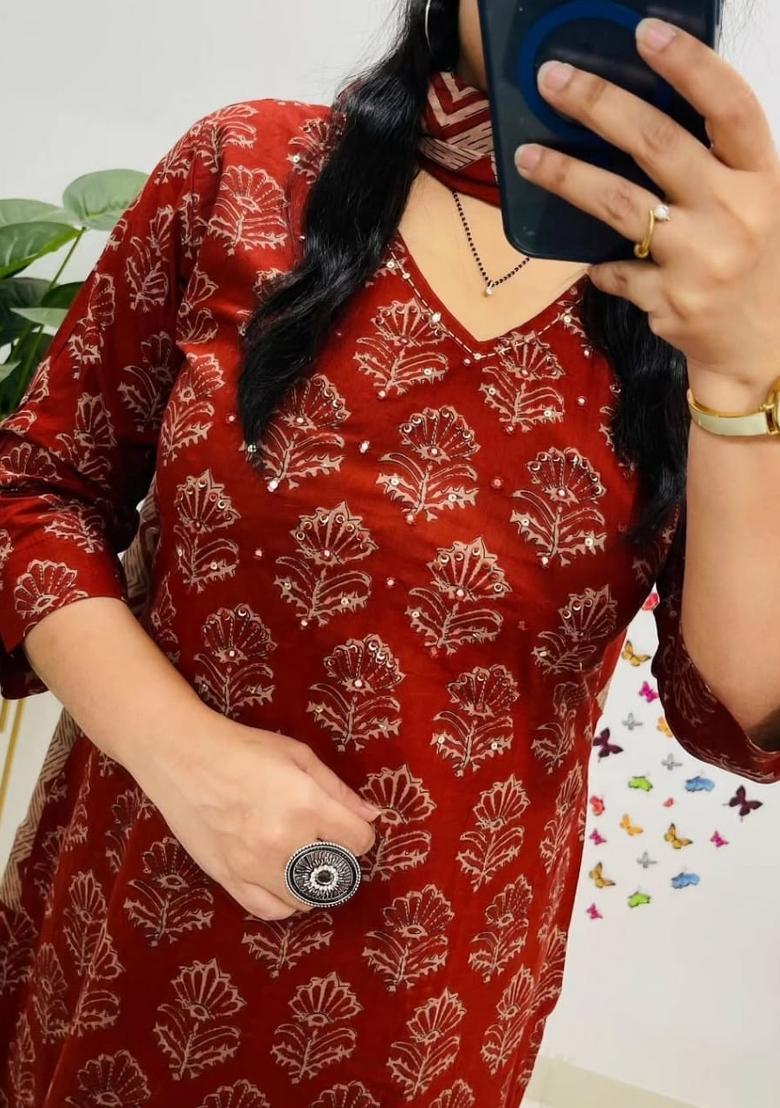 Red Printed Cotton Kurta Sets - Indya