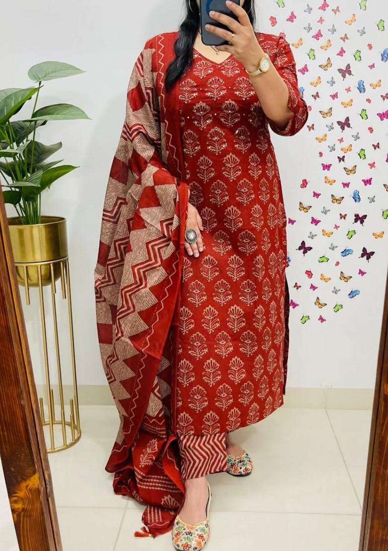 Red Printed Cotton Kurta Sets - Indya