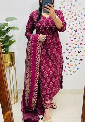 Maroon Printed Cotton Kurta Sets