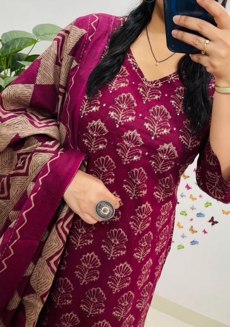 Maroon Printed Cotton Kurta Sets - Indya