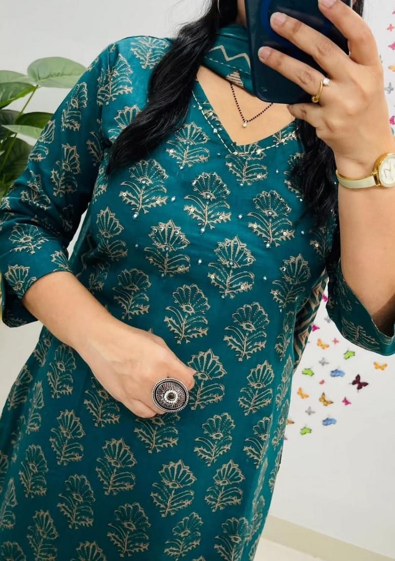 Blue Printed Cotton Kurta Sets - Indya