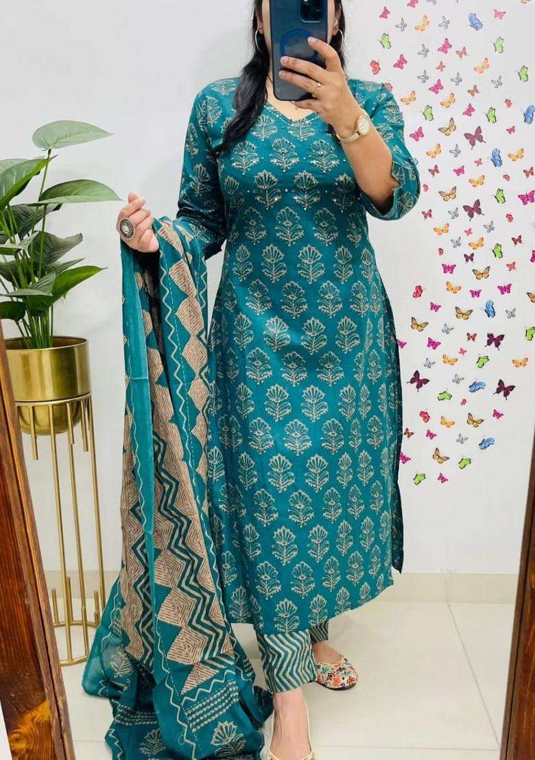 Blue Printed Cotton Kurta Sets - Indya