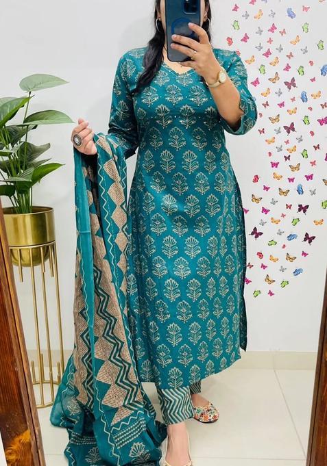 Blue Printed Cotton Kurta Sets