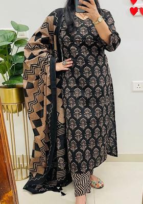 Black Printed Cotton Kurta Sets