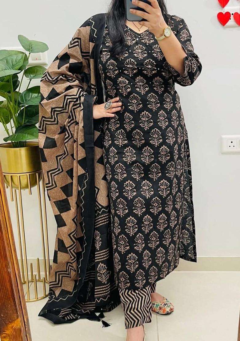 Black Printed Cotton Kurta Sets - Indya