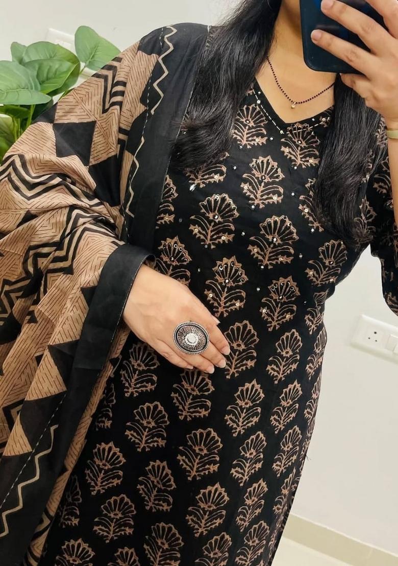 Black Printed Cotton Kurta Sets - Indya