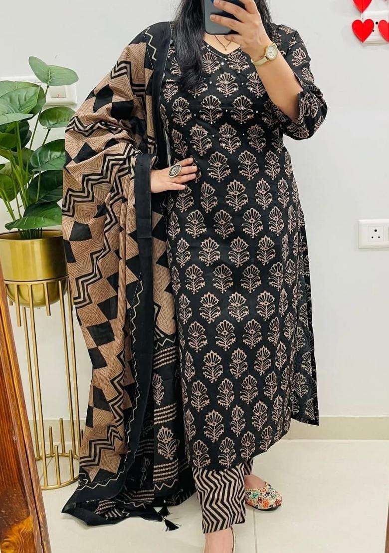 Black Printed Cotton Kurta Sets - Indya