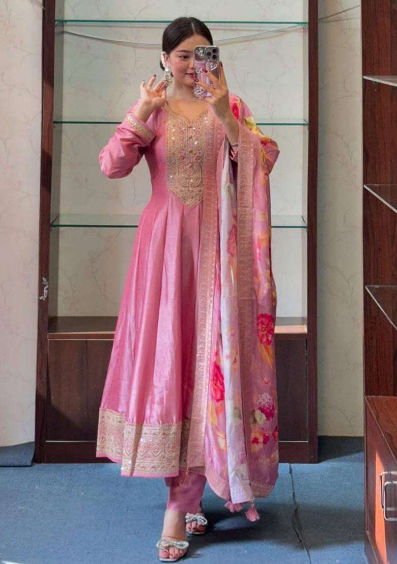 Pink Embroidery Silk Blend Kurta Sets - Indya