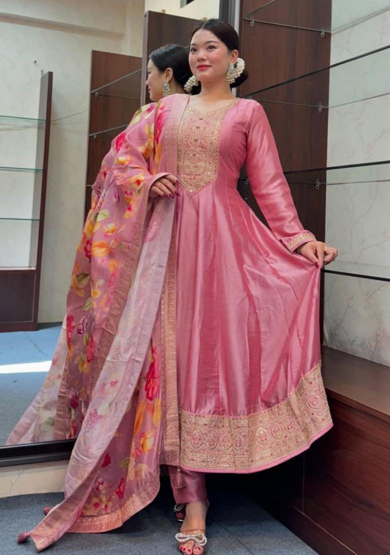 Pink Embroidery Silk Kurta Sets - Indya