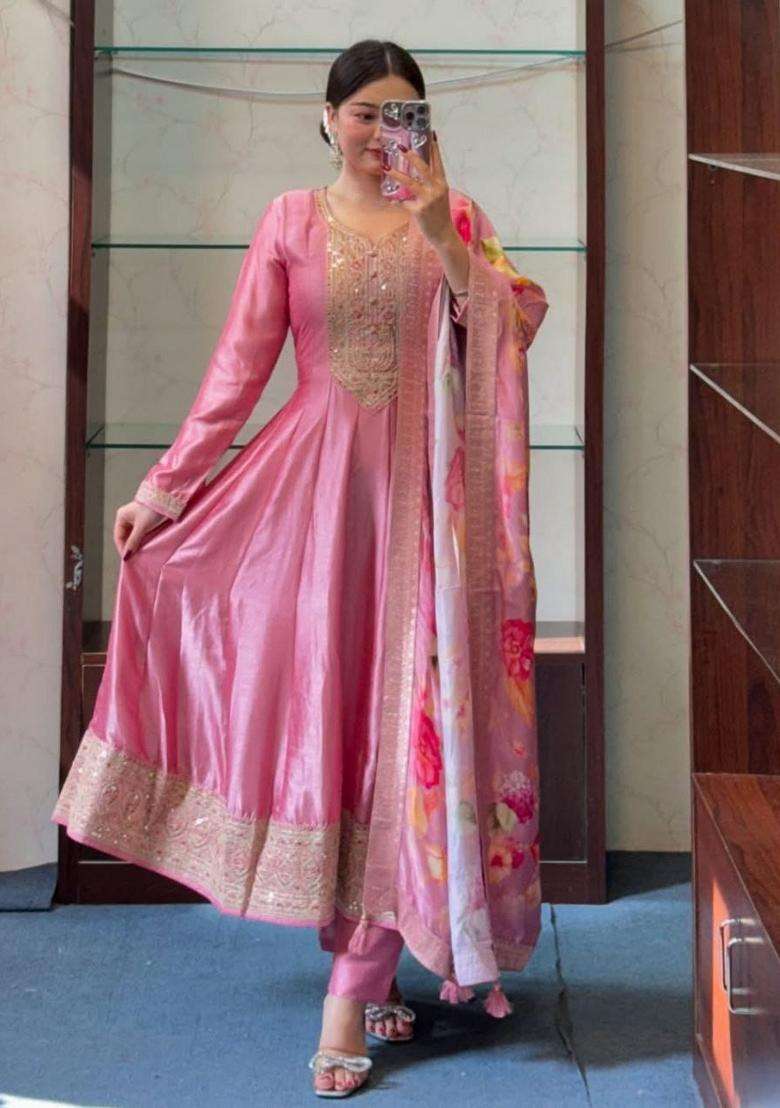 Pink Embroidery Silk Blend Kurta Sets - Indya