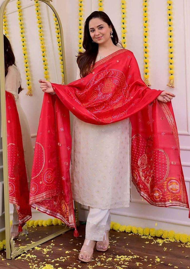 White Embroidery Silk Blend Kurta Sets - Indya