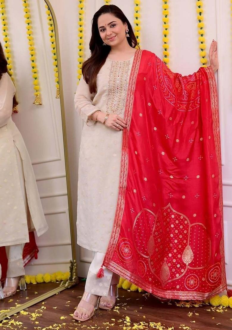 White Embroidery Silk Kurta Sets - Indya