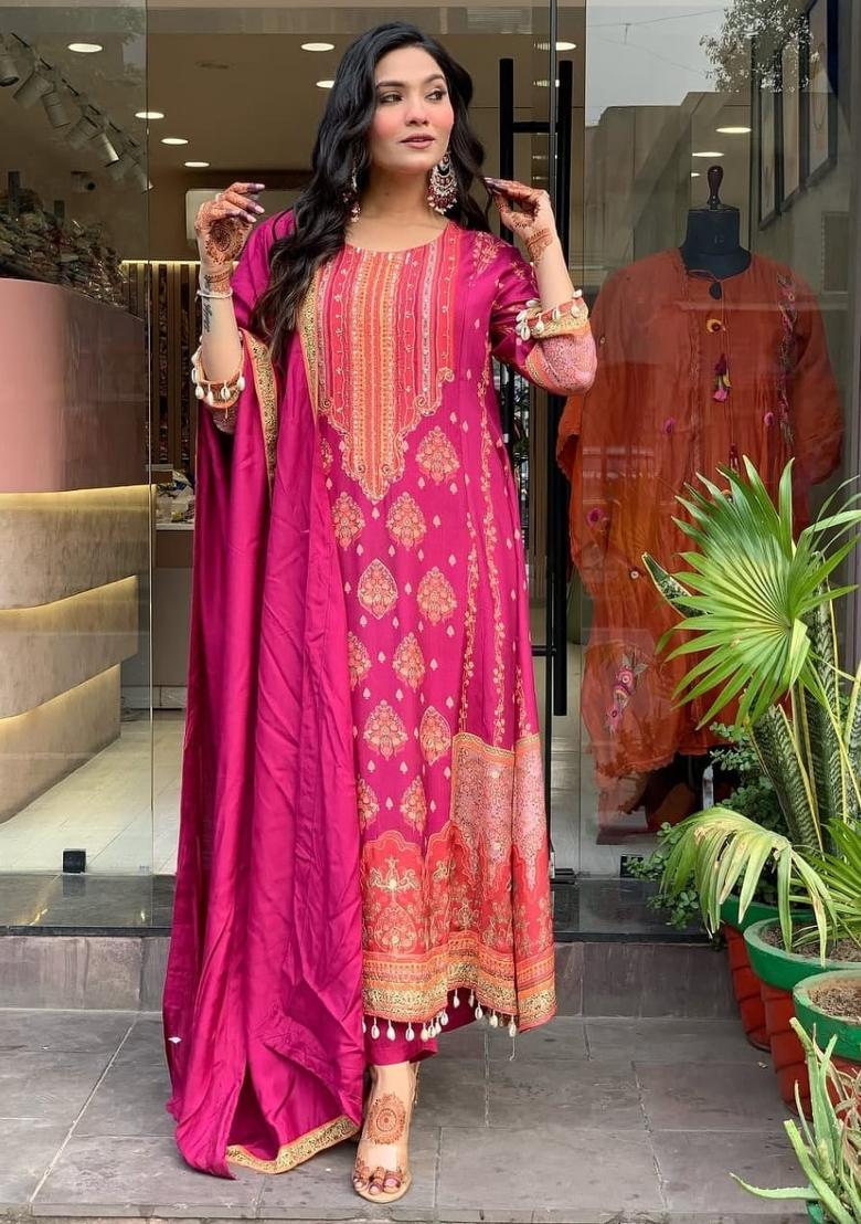 Pink Embroidery Silk Kurta Sets - Indya