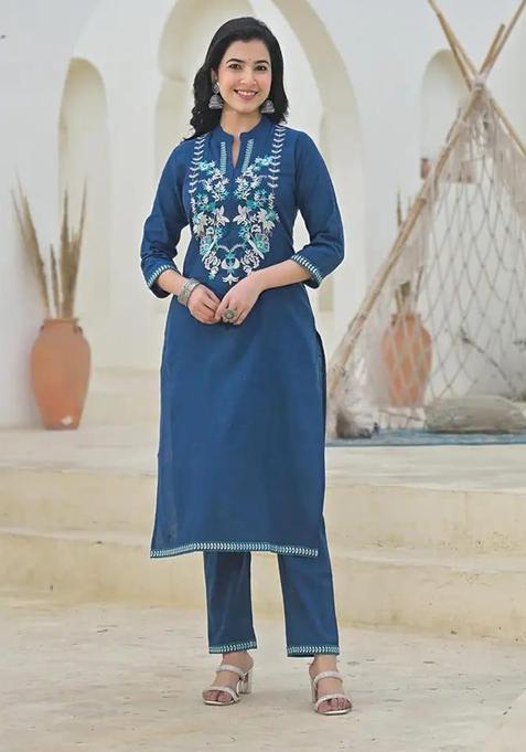 Blue Embroidery Cotton Kurta Sets