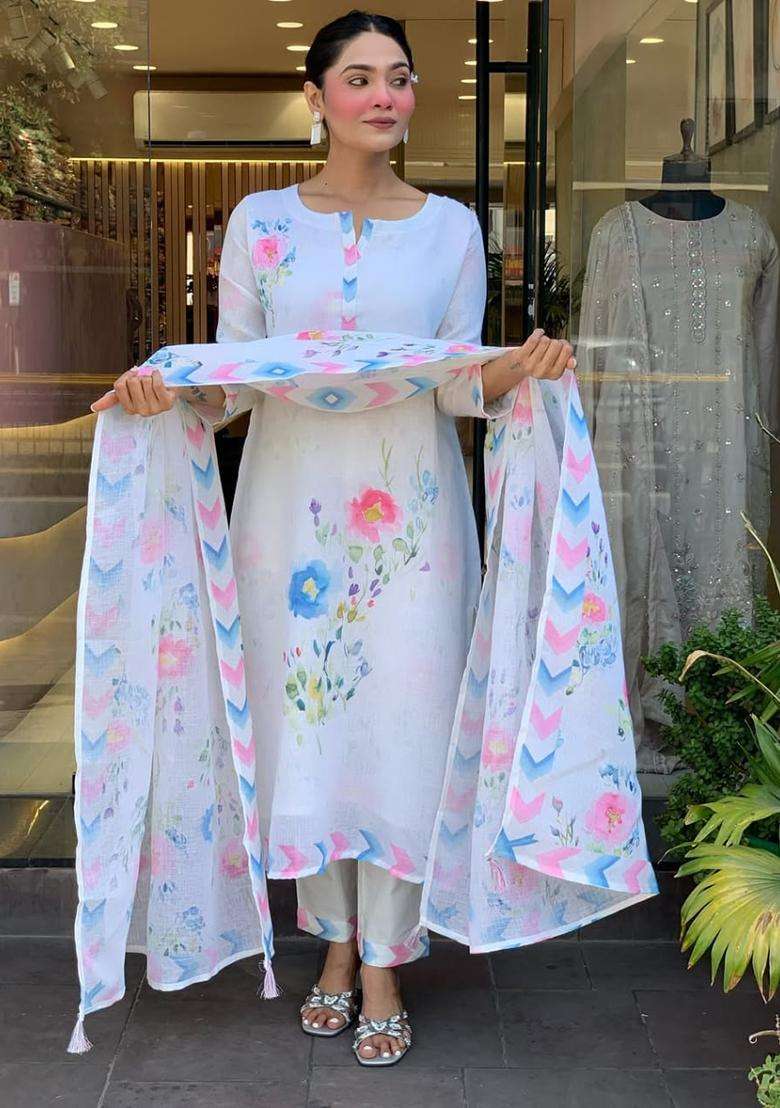 Light White Printed Silk Blend Kurta Sets - Indya