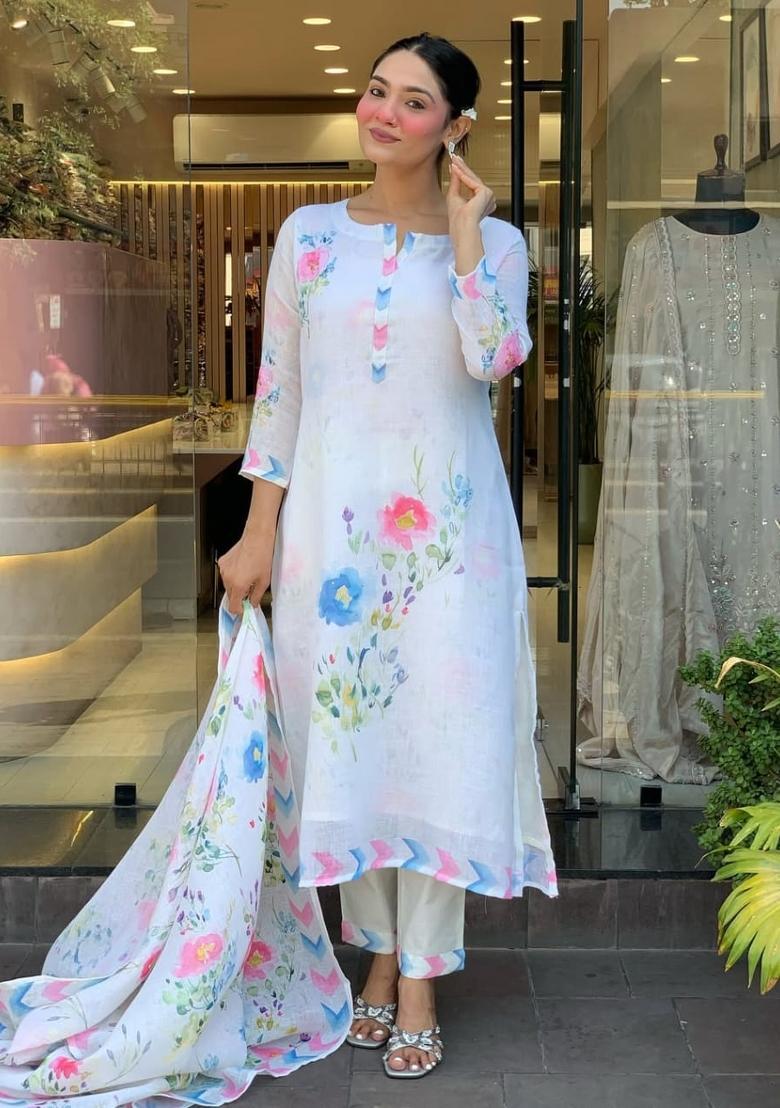 Light White Printed Silk Kurta Sets - Indya