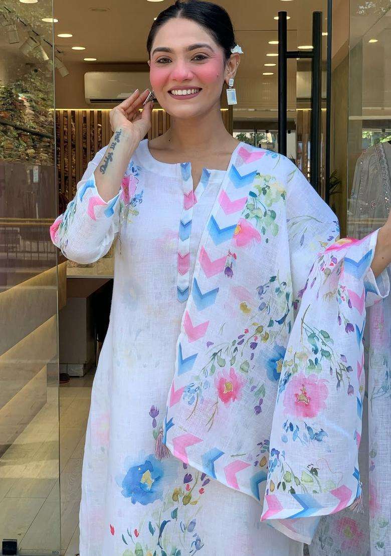 Light White Printed Silk Blend Kurta Sets - Indya