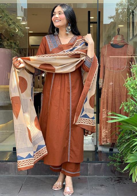 Brown Printed Cotton Kurta Sets